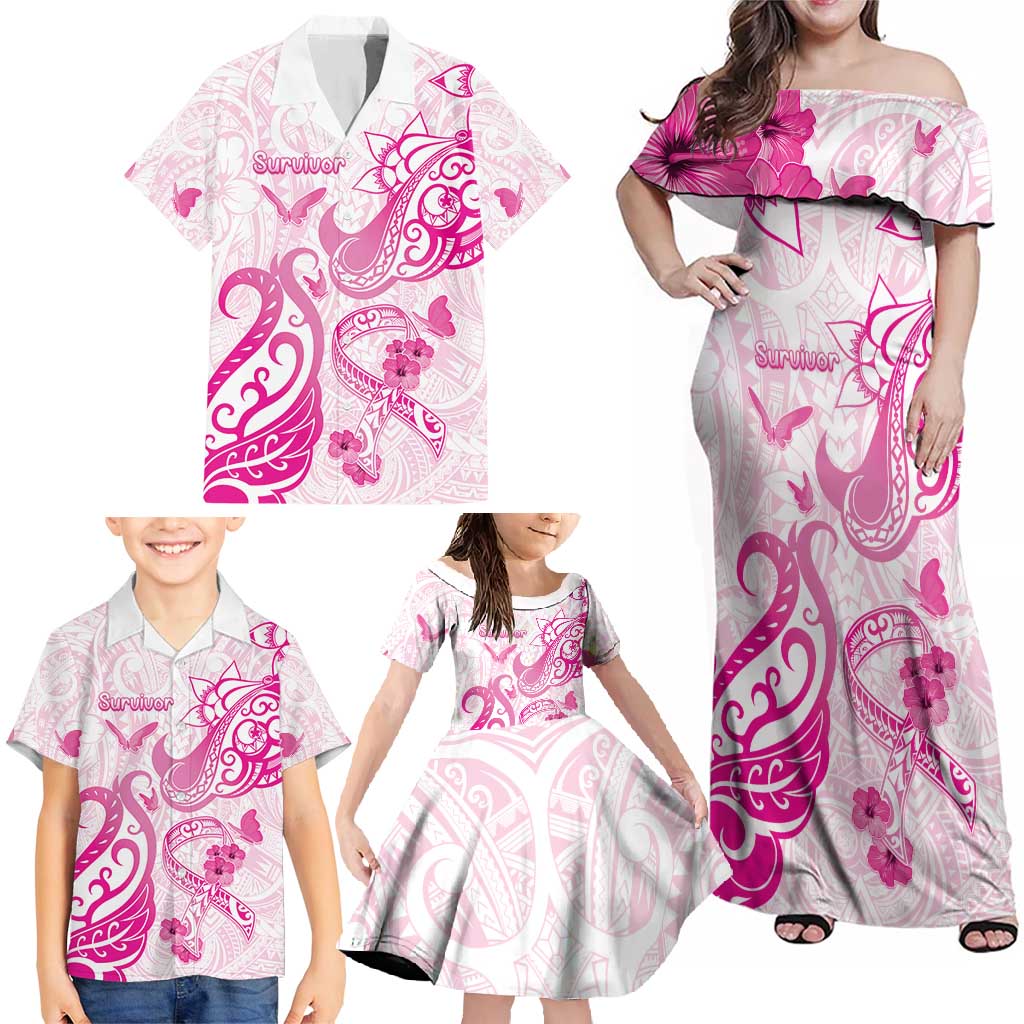 Personalised Breast Cancer Awareness Family Matching Off Shoulder Maxi Dress and Hawaiian Shirt Ribbon Polynesian Pattern White Version LT05 - Polynesian Pride