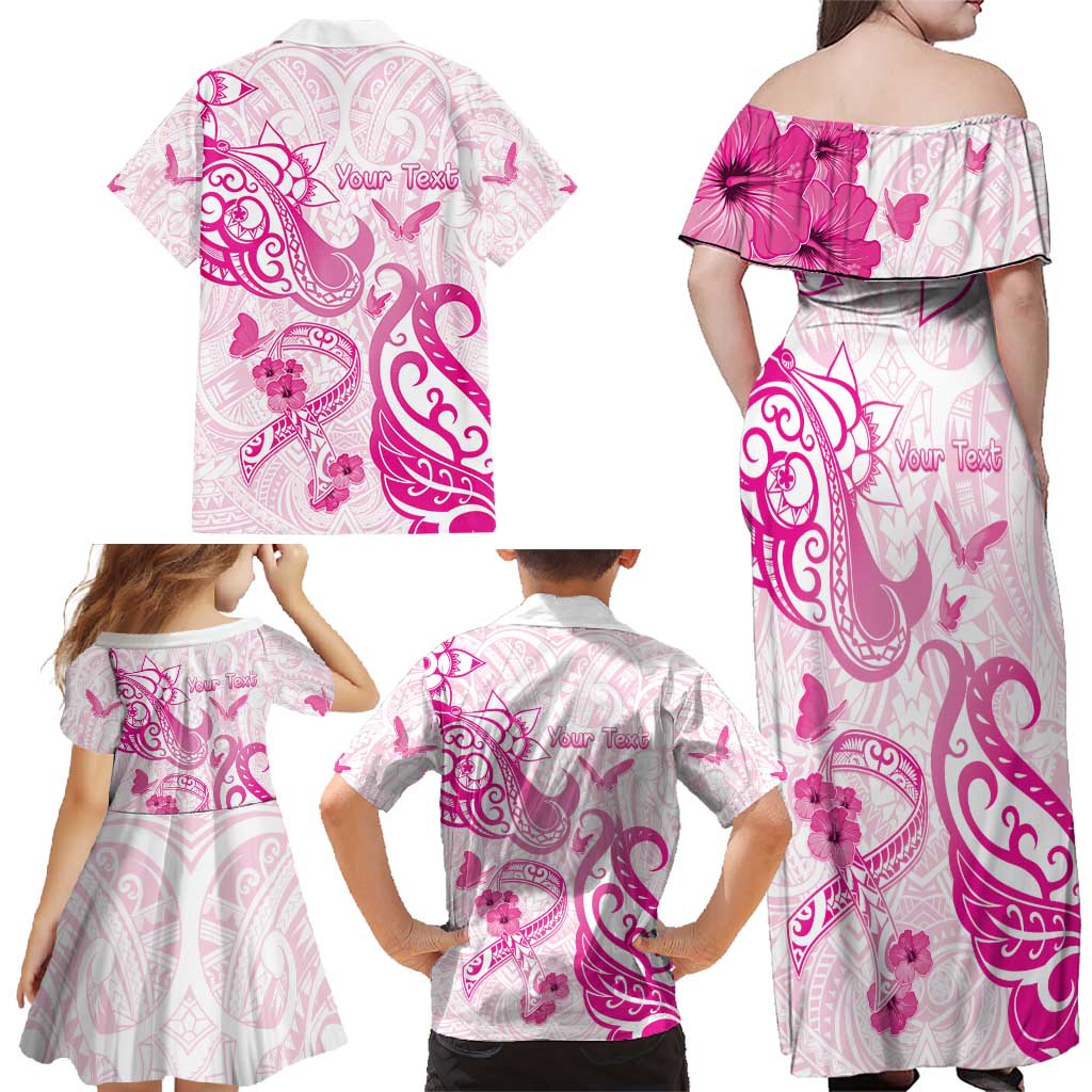 Personalised Breast Cancer Awareness Family Matching Off Shoulder Maxi Dress and Hawaiian Shirt Ribbon Polynesian Pattern White Version LT05 - Polynesian Pride