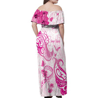 Personalised Breast Cancer Awareness Family Matching Off Shoulder Maxi Dress and Hawaiian Shirt Ribbon Polynesian Pattern White Version LT05 - Polynesian Pride