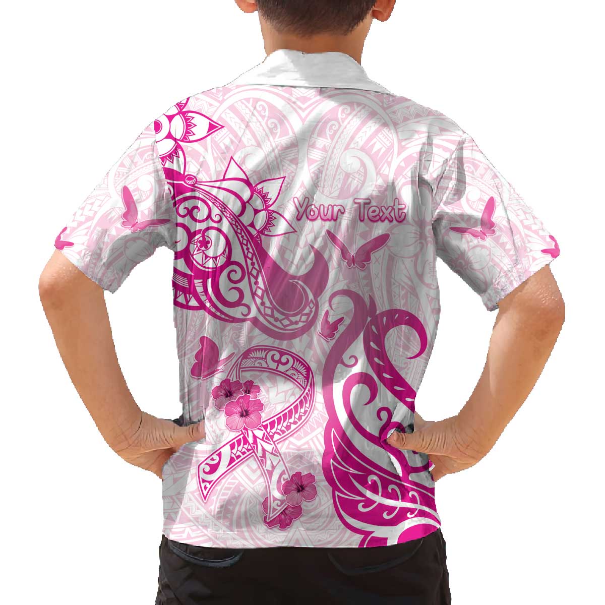 Personalised Breast Cancer Awareness Family Matching Off Shoulder Short Dress and Hawaiian Shirt Ribbon Polynesian Pattern White Version LT05 - Polynesian Pride