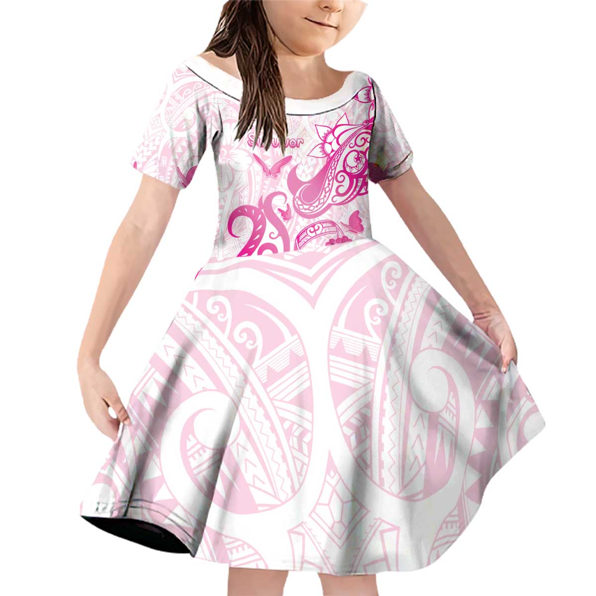 Personalised Breast Cancer Awareness Family Matching Off Shoulder Short Dress and Hawaiian Shirt Ribbon Polynesian Pattern White Version LT05 Daughter's Dress White - Polynesian Pride