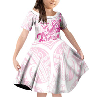 Personalised Breast Cancer Awareness Family Matching Off Shoulder Short Dress and Hawaiian Shirt Ribbon Polynesian Pattern White Version LT05 Daughter's Dress White - Polynesian Pride