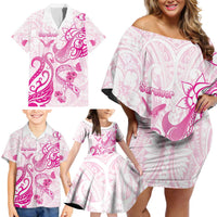 Personalised Breast Cancer Awareness Family Matching Off Shoulder Short Dress and Hawaiian Shirt Ribbon Polynesian Pattern White Version LT05 - Polynesian Pride