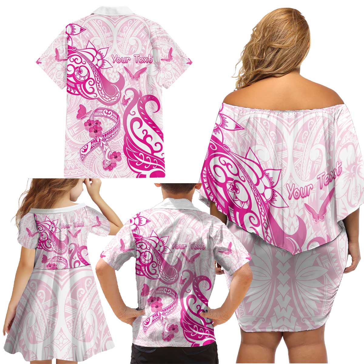 Personalised Breast Cancer Awareness Family Matching Off Shoulder Short Dress and Hawaiian Shirt Ribbon Polynesian Pattern White Version LT05 - Polynesian Pride