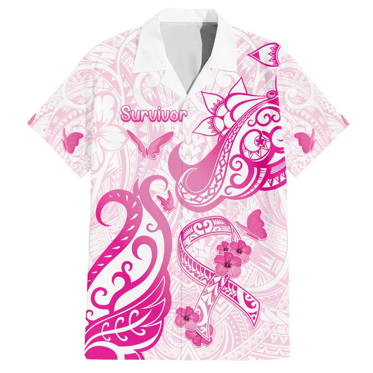 Personalised Breast Cancer Awareness Family Matching Off Shoulder Short Dress and Hawaiian Shirt Ribbon Polynesian Pattern White Version LT05 Dad's Shirt - Short Sleeve White - Polynesian Pride