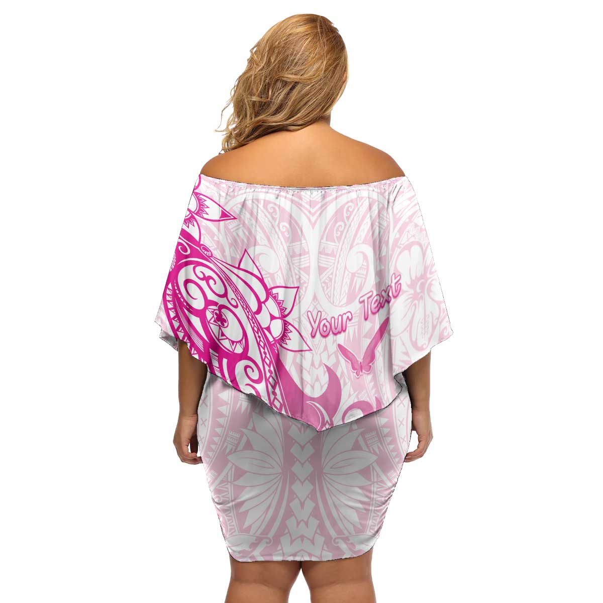 Personalised Breast Cancer Awareness Family Matching Off Shoulder Short Dress and Hawaiian Shirt Ribbon Polynesian Pattern White Version LT05 - Polynesian Pride
