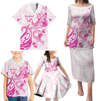 Personalised Breast Cancer Awareness Family Matching Puletasi and Hawaiian Shirt Ribbon Polynesian Pattern White Version LT05 - Polynesian Pride