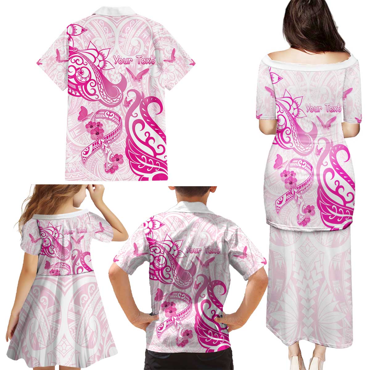 Personalised Breast Cancer Awareness Family Matching Puletasi and Hawaiian Shirt Ribbon Polynesian Pattern White Version LT05 - Polynesian Pride