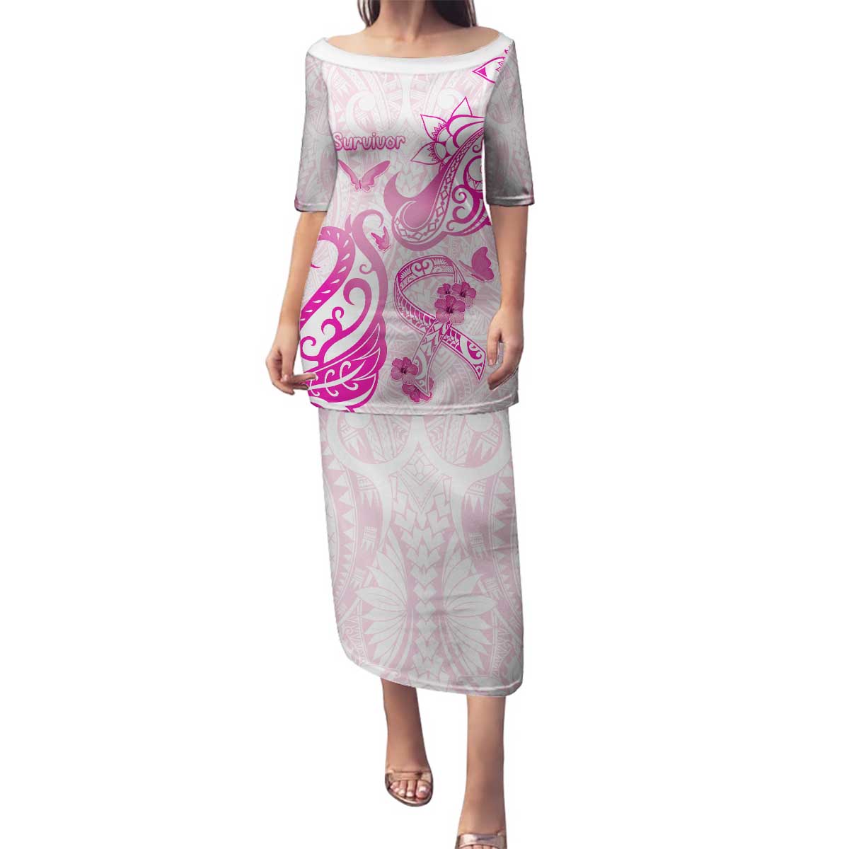 Personalised Breast Cancer Awareness Family Matching Puletasi and Hawaiian Shirt Ribbon Polynesian Pattern White Version LT05 Mom's Dress White - Polynesian Pride
