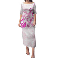 Personalised Breast Cancer Awareness Family Matching Puletasi and Hawaiian Shirt Ribbon Polynesian Pattern White Version LT05 Mom's Dress White - Polynesian Pride