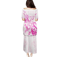 Personalised Breast Cancer Awareness Family Matching Puletasi and Hawaiian Shirt Ribbon Polynesian Pattern White Version LT05 - Polynesian Pride