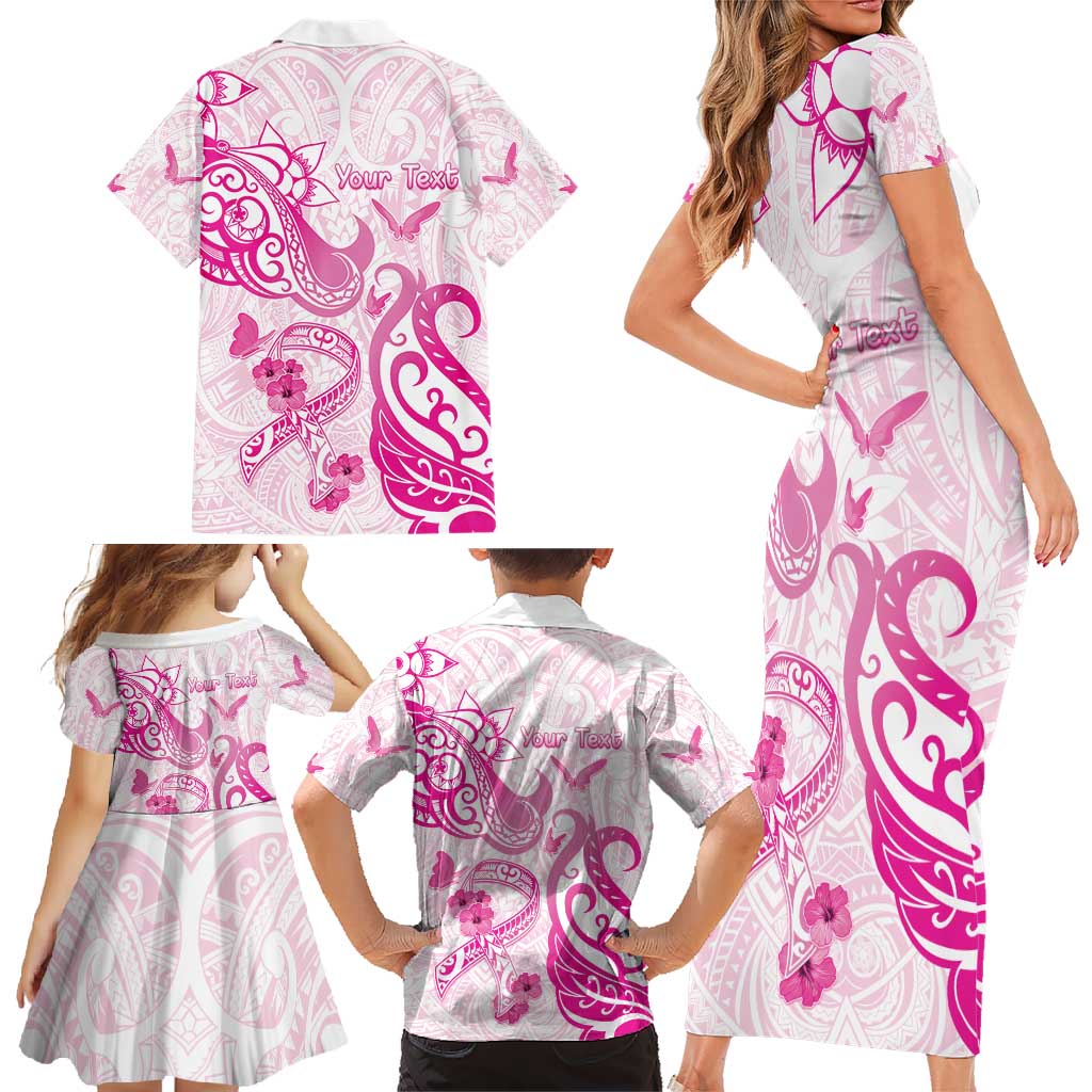 Personalised Breast Cancer Awareness Family Matching Short Sleeve Bodycon Dress and Hawaiian Shirt Ribbon Polynesian Pattern White Version LT05 - Polynesian Pride