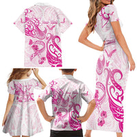 Personalised Breast Cancer Awareness Family Matching Short Sleeve Bodycon Dress and Hawaiian Shirt Ribbon Polynesian Pattern White Version LT05 - Polynesian Pride