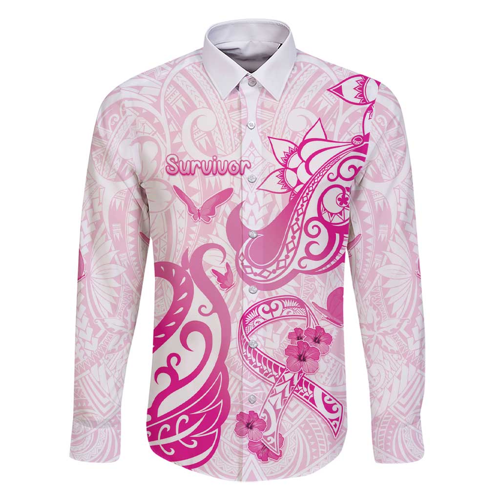 Personalised Breast Cancer Awareness Family Matching Short Sleeve Bodycon Dress and Hawaiian Shirt Ribbon Polynesian Pattern White Version LT05 Dad's Shirt - Long Sleeve White - Polynesian Pride