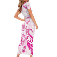 Personalised Breast Cancer Awareness Family Matching Short Sleeve Bodycon Dress and Hawaiian Shirt Ribbon Polynesian Pattern White Version LT05 - Polynesian Pride