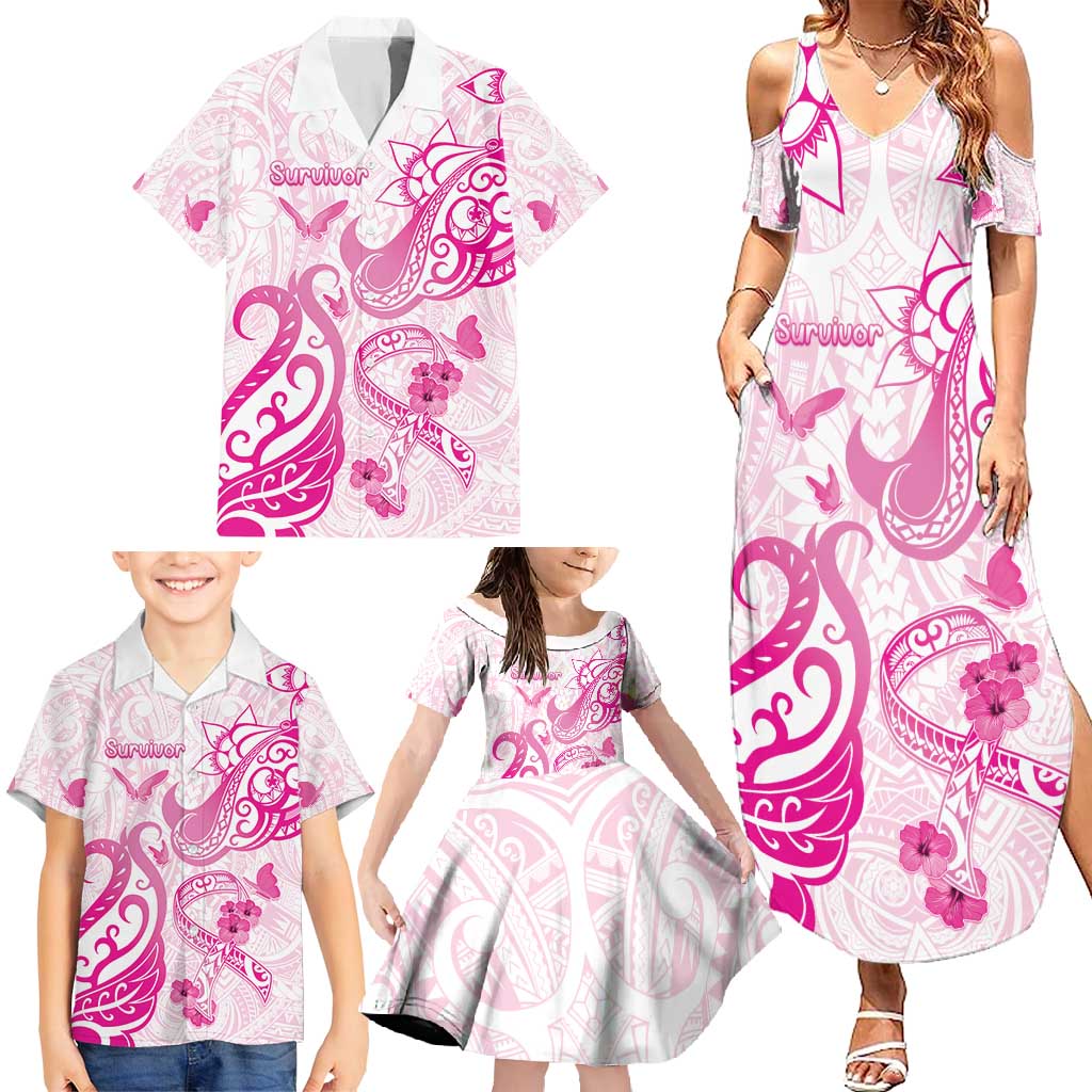 Personalised Breast Cancer Awareness Family Matching Summer Maxi Dress and Hawaiian Shirt Ribbon Polynesian Pattern White Version LT05 - Polynesian Pride