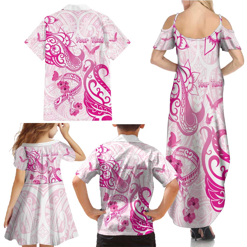 Personalised Breast Cancer Awareness Family Matching Summer Maxi Dress and Hawaiian Shirt Ribbon Polynesian Pattern White Version LT05 - Polynesian Pride