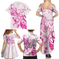 Personalised Breast Cancer Awareness Family Matching Summer Maxi Dress and Hawaiian Shirt Ribbon Polynesian Pattern White Version LT05 - Polynesian Pride