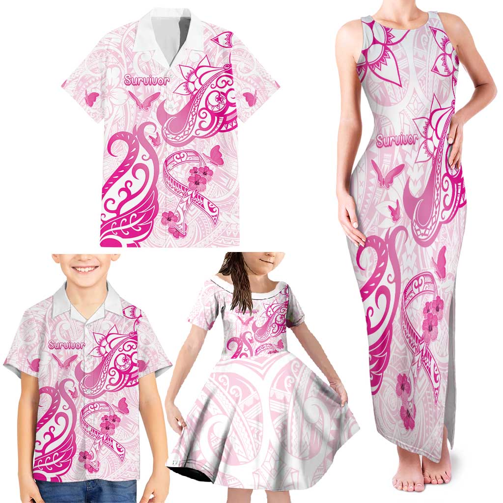 Personalised Breast Cancer Awareness Family Matching Tank Maxi Dress and Hawaiian Shirt Ribbon Polynesian Pattern White Version LT05 - Polynesian Pride