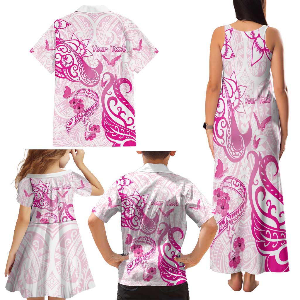 Personalised Breast Cancer Awareness Family Matching Tank Maxi Dress and Hawaiian Shirt Ribbon Polynesian Pattern White Version LT05 - Polynesian Pride