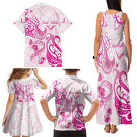 Personalised Breast Cancer Awareness Family Matching Tank Maxi Dress and Hawaiian Shirt Ribbon Polynesian Pattern White Version LT05 - Polynesian Pride