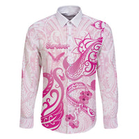 Personalised Breast Cancer Awareness Family Matching Tank Maxi Dress and Hawaiian Shirt Ribbon Polynesian Pattern White Version LT05 Dad's Shirt - Long Sleeve White - Polynesian Pride
