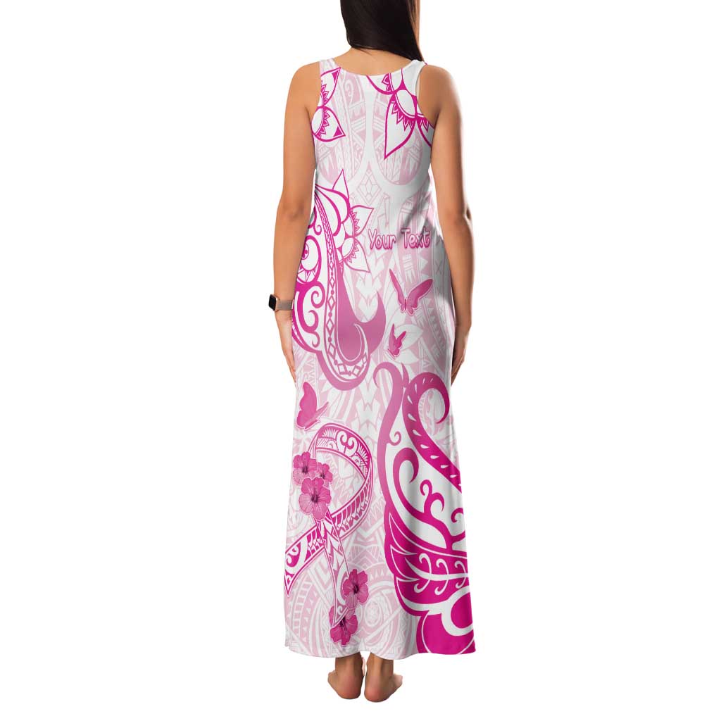 Personalised Breast Cancer Awareness Family Matching Tank Maxi Dress and Hawaiian Shirt Ribbon Polynesian Pattern White Version LT05 - Polynesian Pride