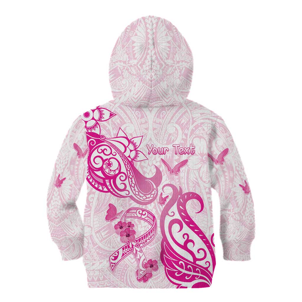 Personalised Breast Cancer Awareness Kid Hoodie Ribbon Polynesian Pattern White Version