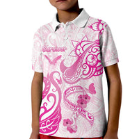 Personalised Breast Cancer Awareness Kid Polo Shirt Ribbon Polynesian Pattern White Version