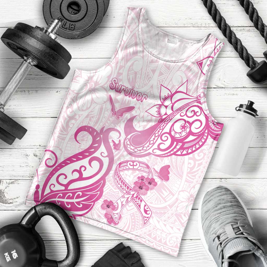 Personalised Breast Cancer Awareness Men Tank Top Ribbon Polynesian Pattern White Version
