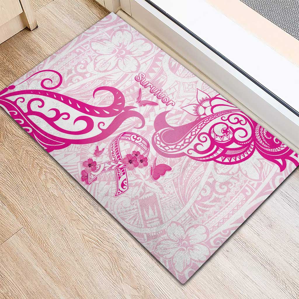 Breast Cancer Awareness Rubber Doormat Ribbon Polynesian Pattern White Version