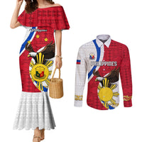 Personalized Philippines Couples Matching Mermaid Dress and Long Sleeve Button Shirts The Eight-Rayed Sun Bald Eagle Polynesian Pattern LT05 Red - Polynesian Pride