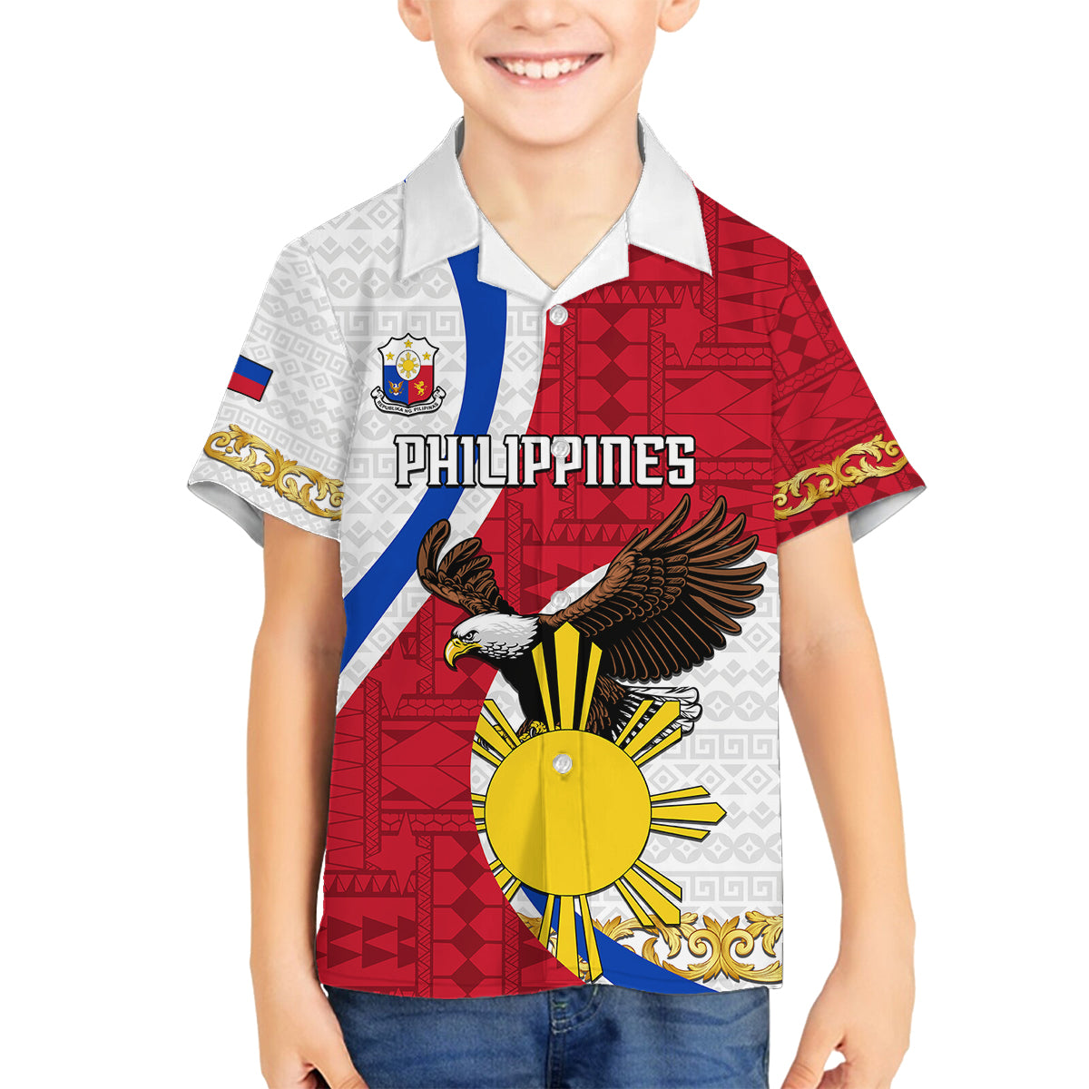Personalized Philippines Family Matching Off Shoulder Long Sleeve Dress and Hawaiian Shirt The Eight-Rayed Sun Bald Eagle Polynesian Pattern LT05 Son's Shirt Red - Polynesian Pride
