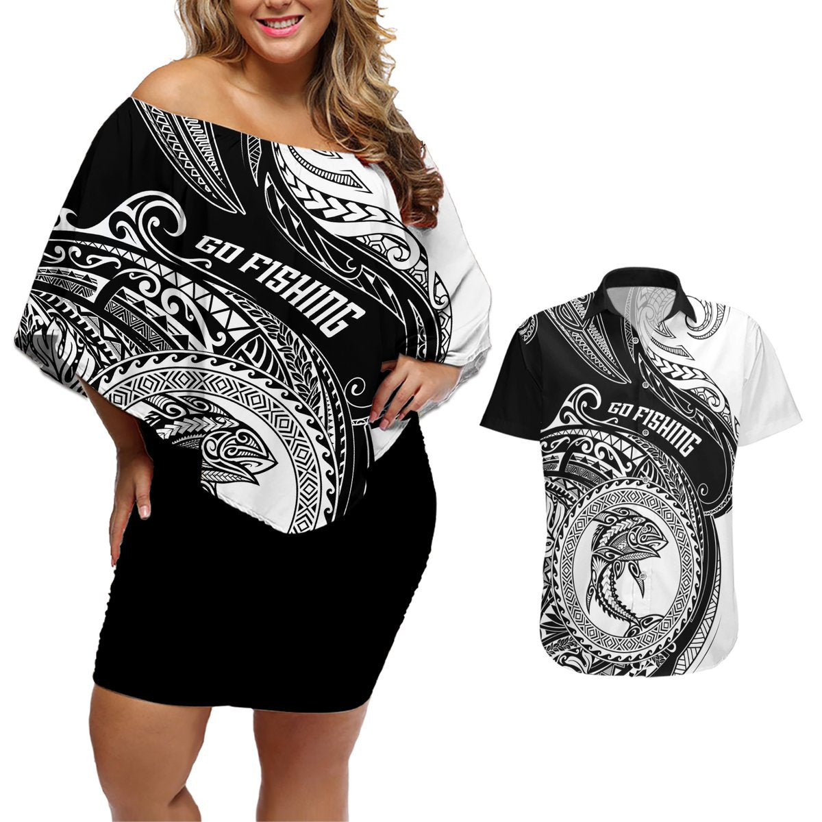 go-fishing-couples-matching-off-shoulder-short-dress-and-hawaiian-shirt-polynesian-pattern