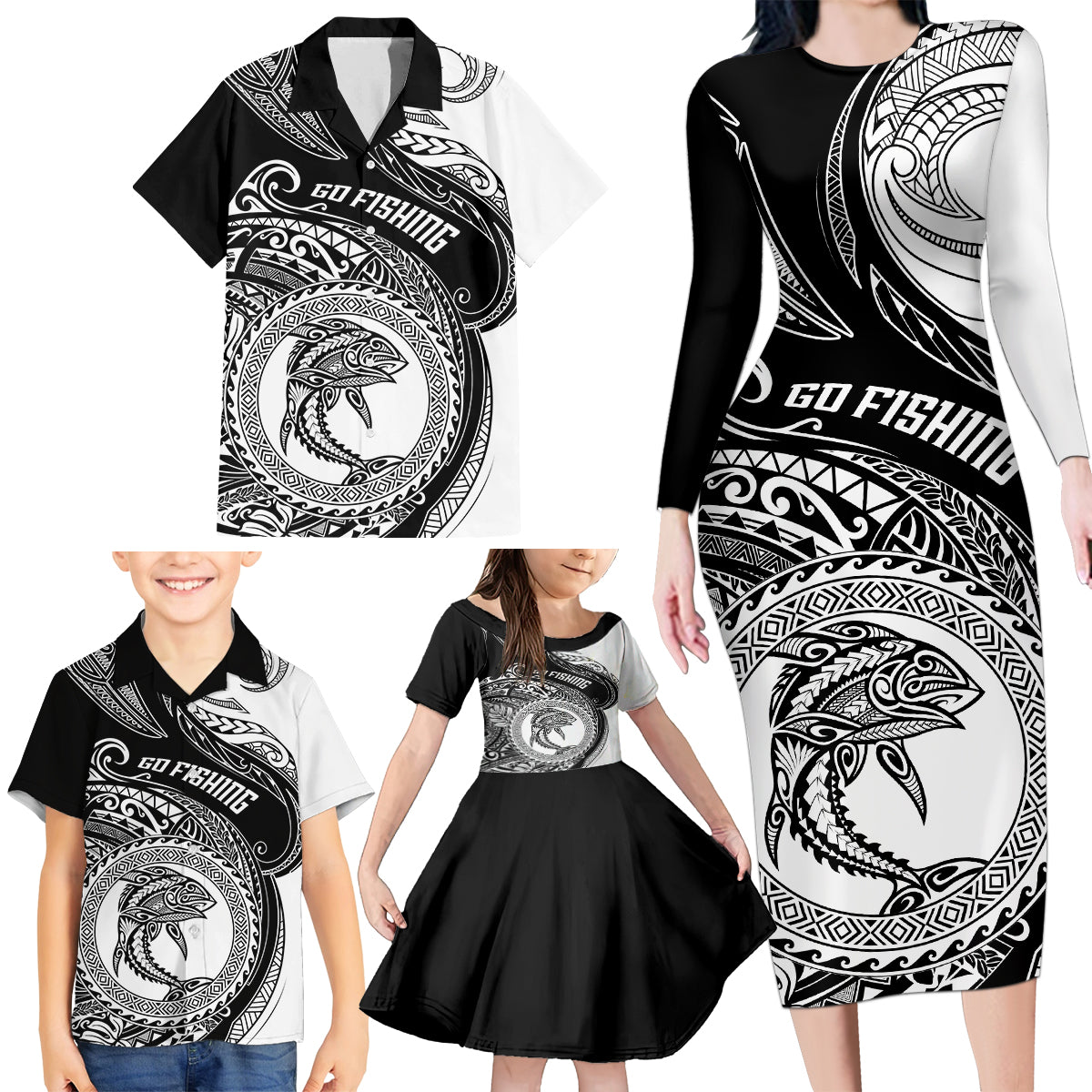 Go Fishing Family Matching Long Sleeve Bodycon Dress and Hawaiian Shirt Polynesian Pattern LT05 - Polynesian Pride