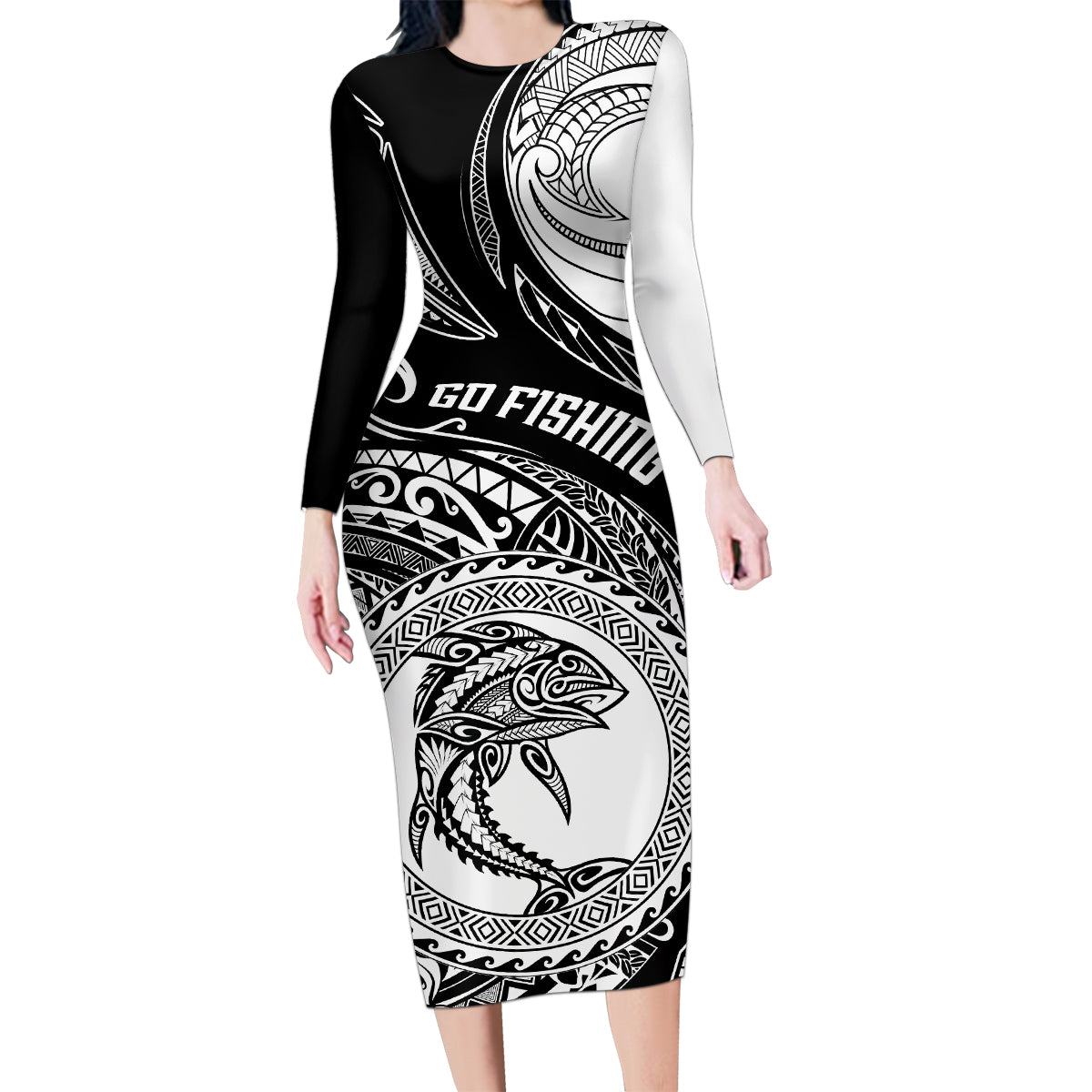 Go Fishing Family Matching Long Sleeve Bodycon Dress and Hawaiian Shirt Polynesian Pattern LT05 Mom's Dress Black - Polynesian Pride