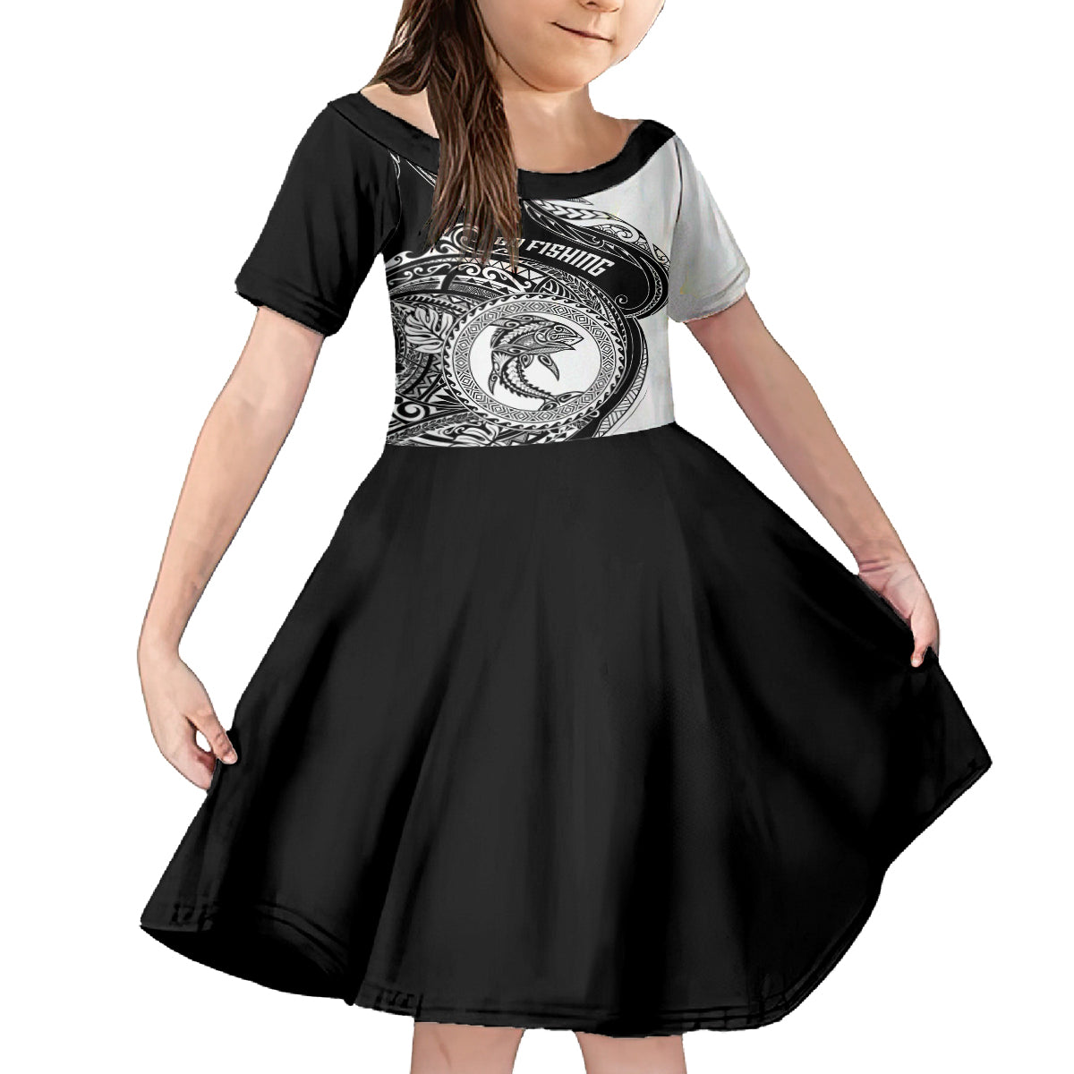Go Fishing Family Matching Off Shoulder Long Sleeve Dress and Hawaiian Shirt Polynesian Pattern LT05 Daughter's Dress Black - Polynesian Pride