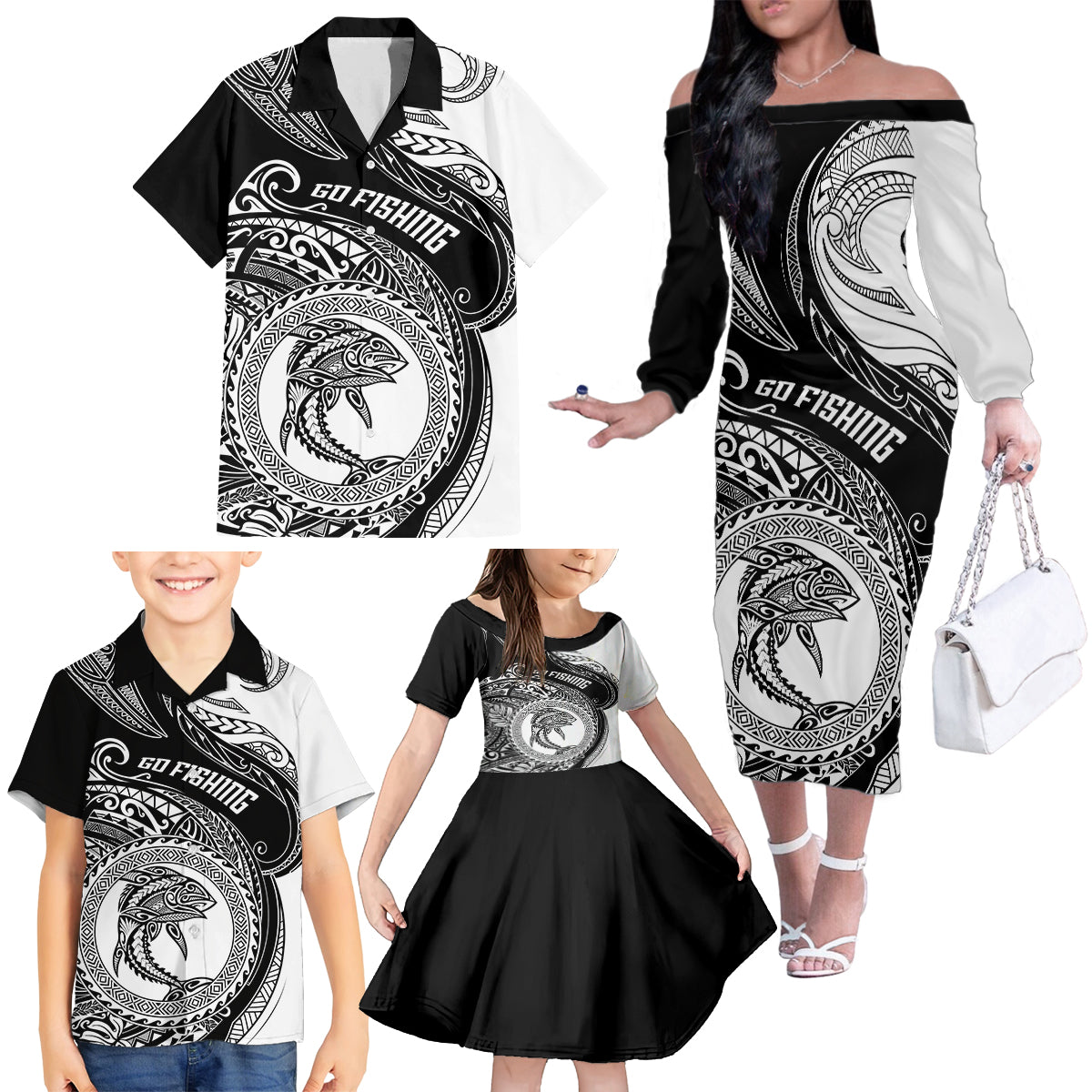 Go Fishing Family Matching Off Shoulder Long Sleeve Dress and Hawaiian Shirt Polynesian Pattern LT05 - Polynesian Pride