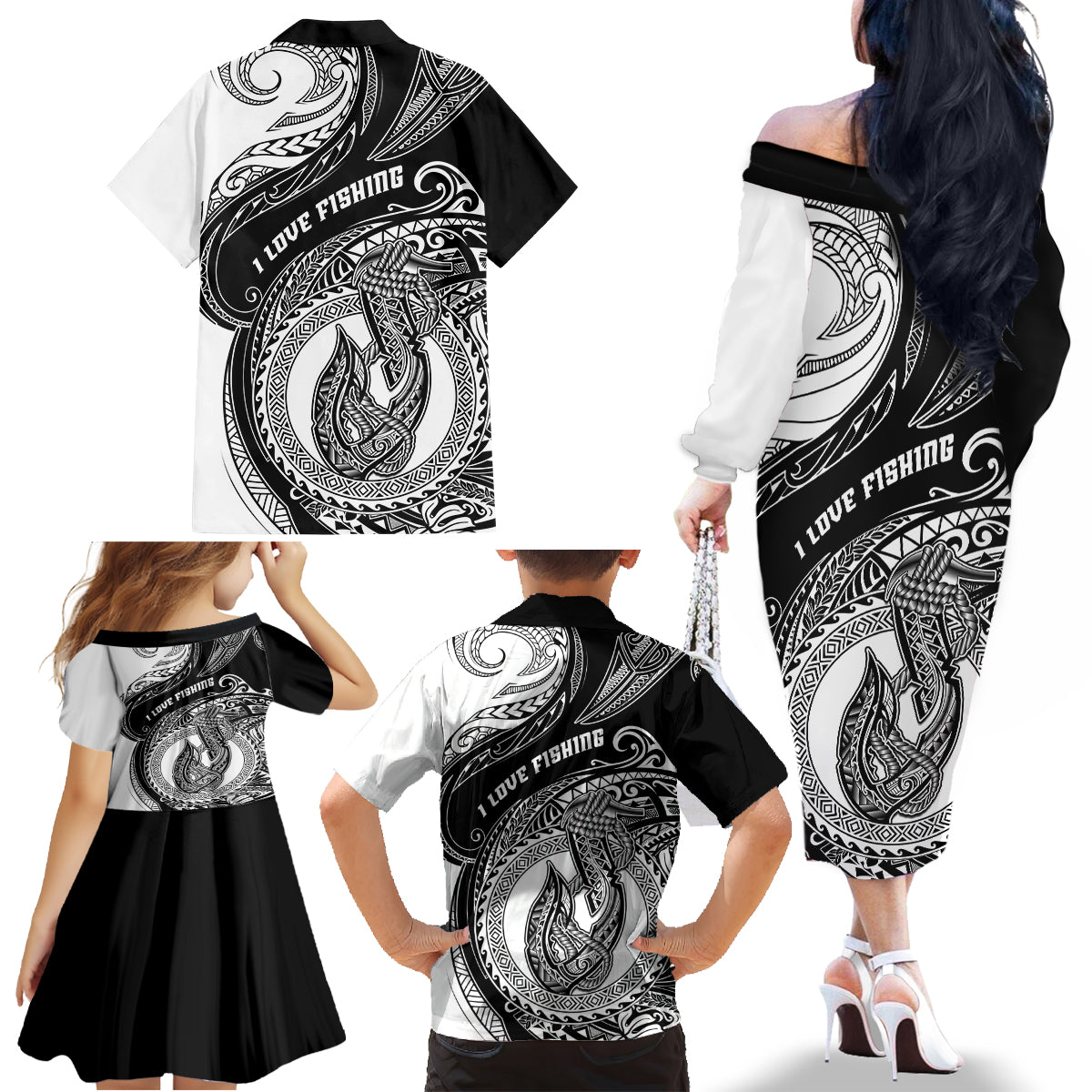 Go Fishing Family Matching Off Shoulder Long Sleeve Dress and Hawaiian Shirt Polynesian Pattern LT05 - Polynesian Pride