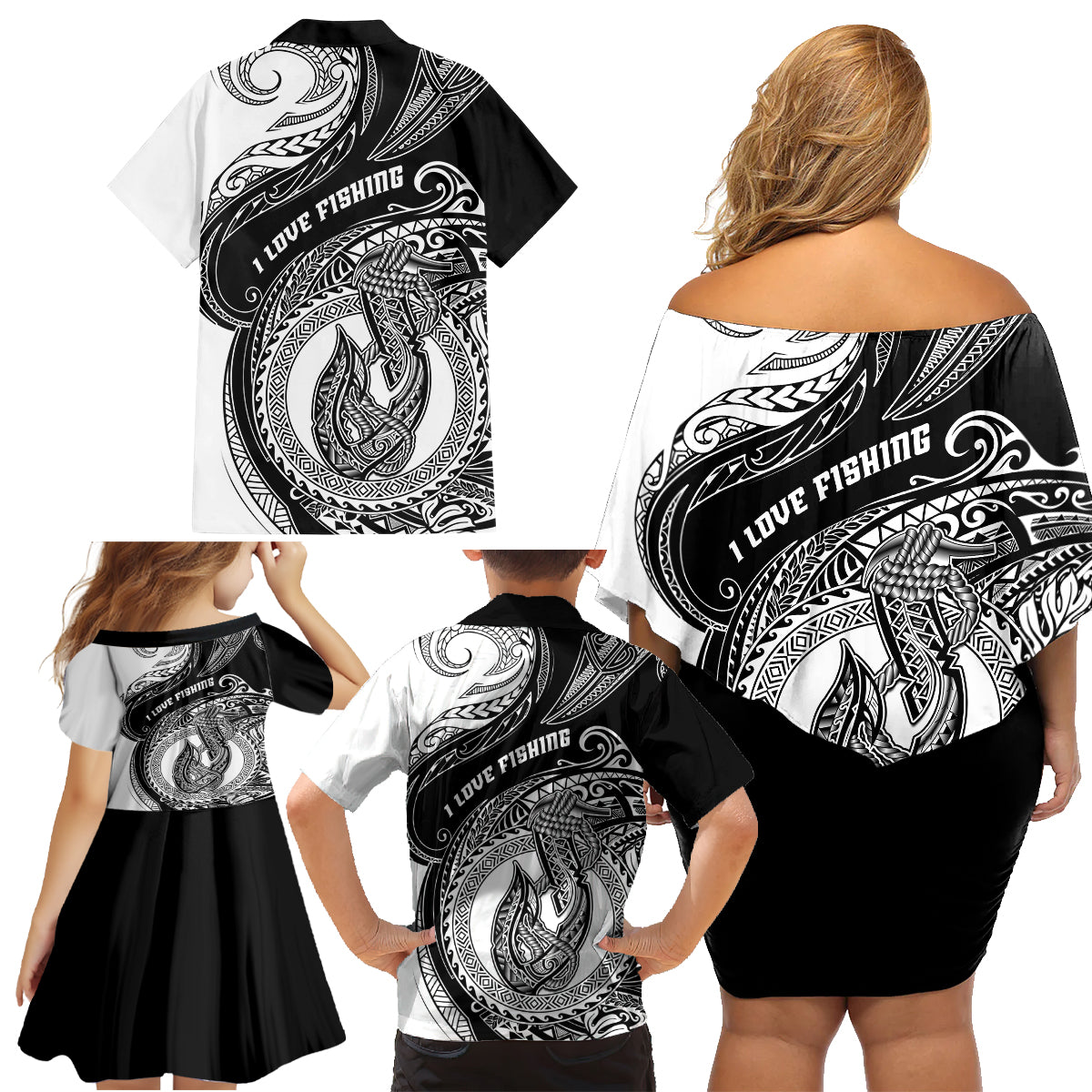 Go Fishing Family Matching Off Shoulder Short Dress and Hawaiian Shirt Polynesian Pattern LT05 - Polynesian Pride