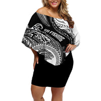 Go Fishing Family Matching Off Shoulder Short Dress and Hawaiian Shirt Polynesian Pattern LT05 Mom's Dress Black - Polynesian Pride