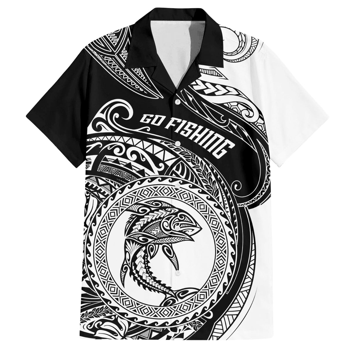 Go Fishing Family Matching Tank Maxi Dress and Hawaiian Shirt Polynesian Pattern LT05 Dad's Shirt - Short Sleeve Black - Polynesian Pride