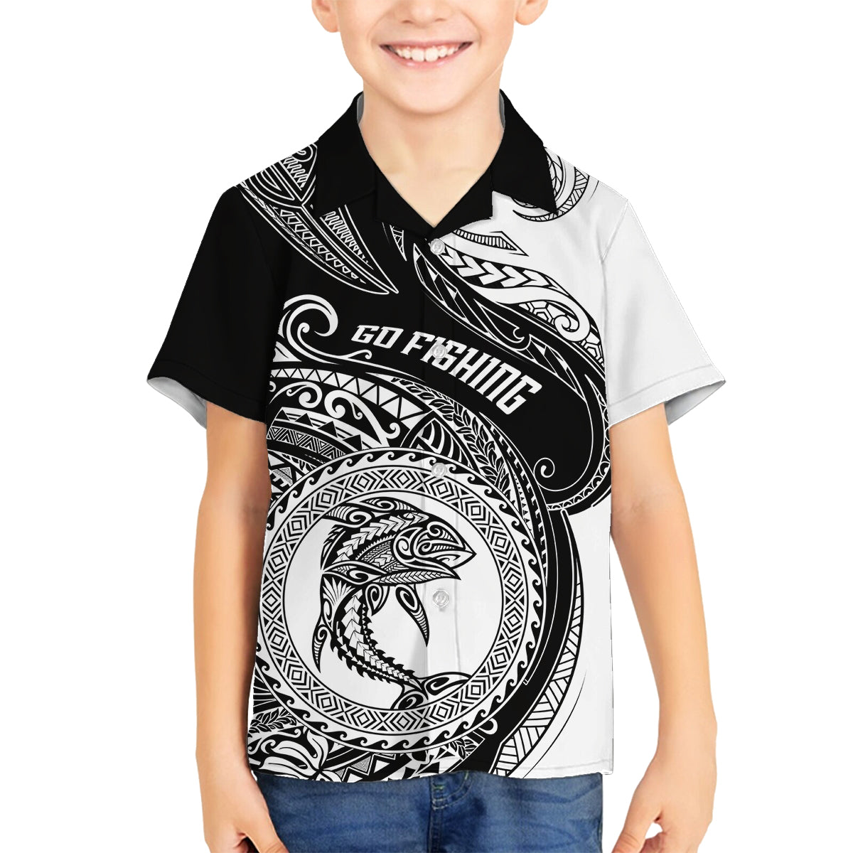 Go Fishing Family Matching Tank Maxi Dress and Hawaiian Shirt Polynesian Pattern LT05 Son's Shirt Black - Polynesian Pride
