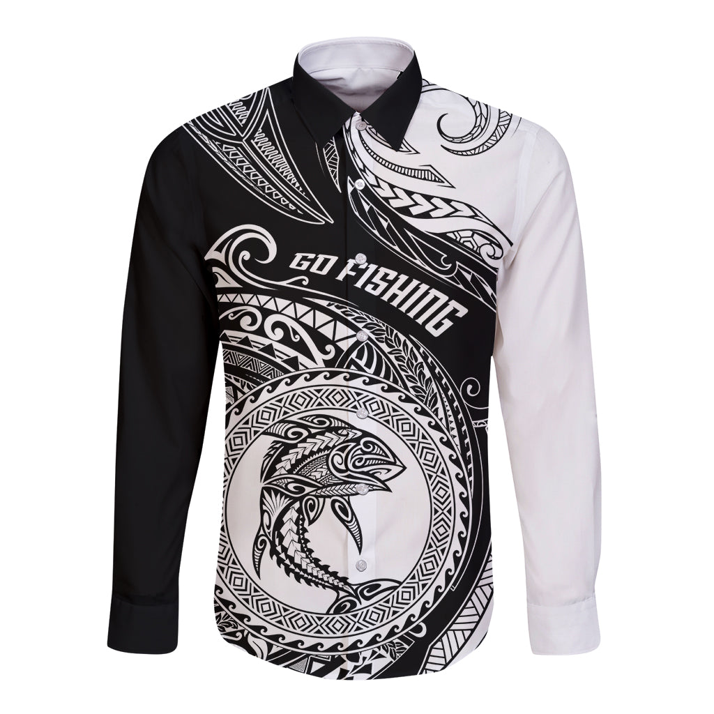 Personalized Go Fishing Long Sleeve Button Shirt Polynesian Pattern LT05 Unisex Black - Polynesian Pride