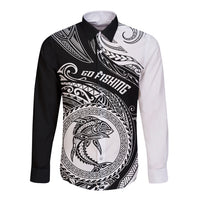 Personalized Go Fishing Long Sleeve Button Shirt Polynesian Pattern LT05 Unisex Black - Polynesian Pride