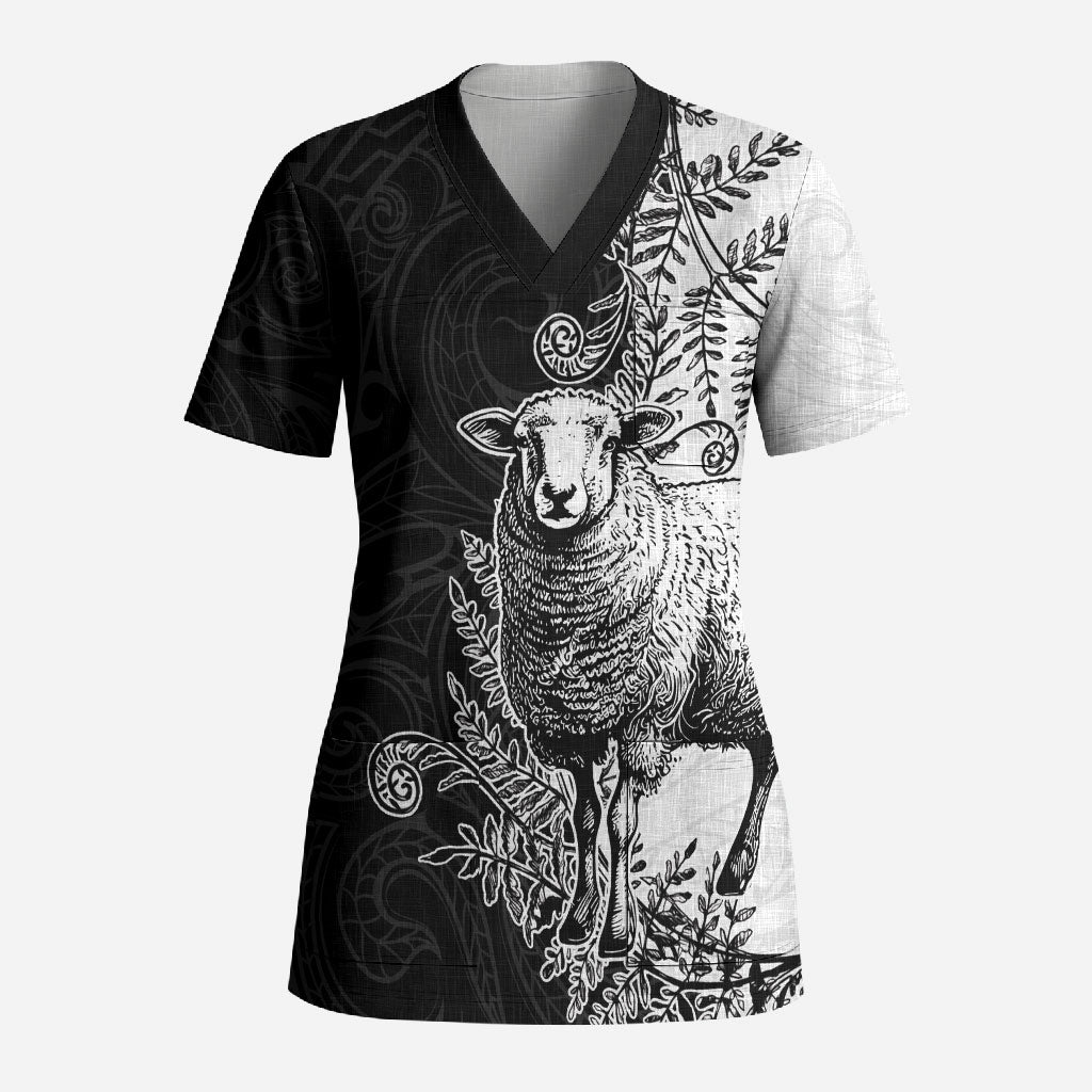 New Zealand Aotearoa Hipi Scrub Top Maori Pattern LT05 Adult Black - Polynesian Pride
