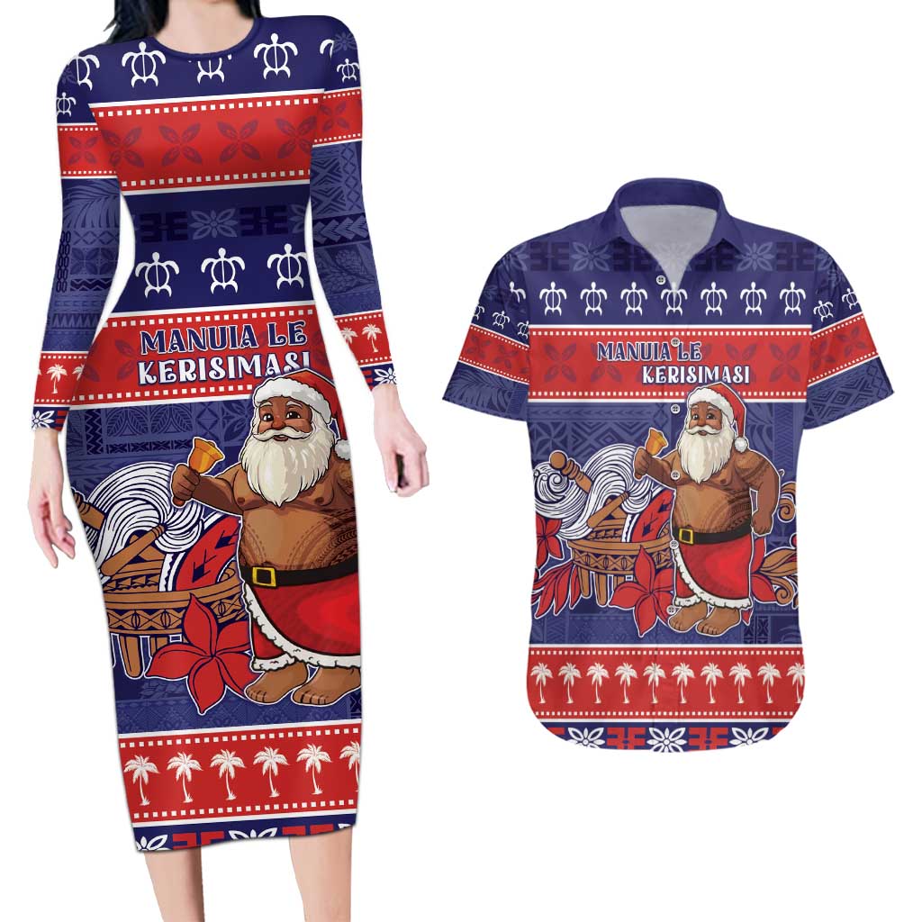 Samoa Christmas Couples Matching Long Sleeve Bodycon Dress and Hawaiian Shirt Samoan Santa Claus Manuia Le Kerisimasi LT05 Blue - Polynesian Pride