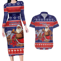 Samoa Christmas Couples Matching Long Sleeve Bodycon Dress and Hawaiian Shirt Samoan Santa Claus Manuia Le Kerisimasi LT05 Blue - Polynesian Pride