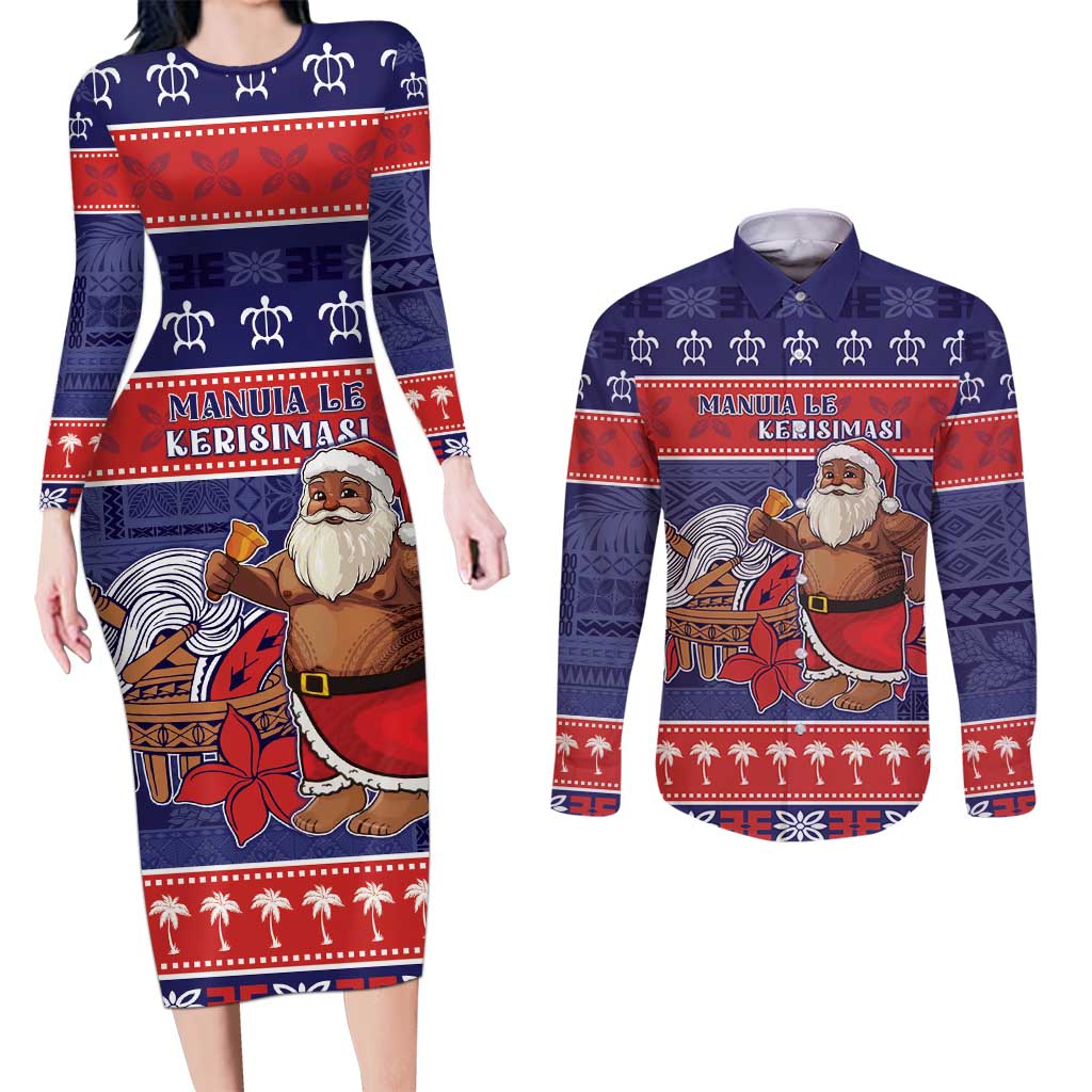 Samoa Christmas Couples Matching Long Sleeve Bodycon Dress and Long Sleeve Button Shirt Samoan Santa Claus Manuia Le Kerisimasi LT05 Blue - Polynesian Pride