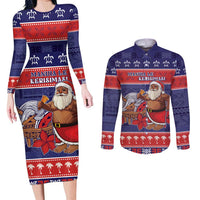 Samoa Christmas Couples Matching Long Sleeve Bodycon Dress and Long Sleeve Button Shirt Samoan Santa Claus Manuia Le Kerisimasi LT05 Blue - Polynesian Pride